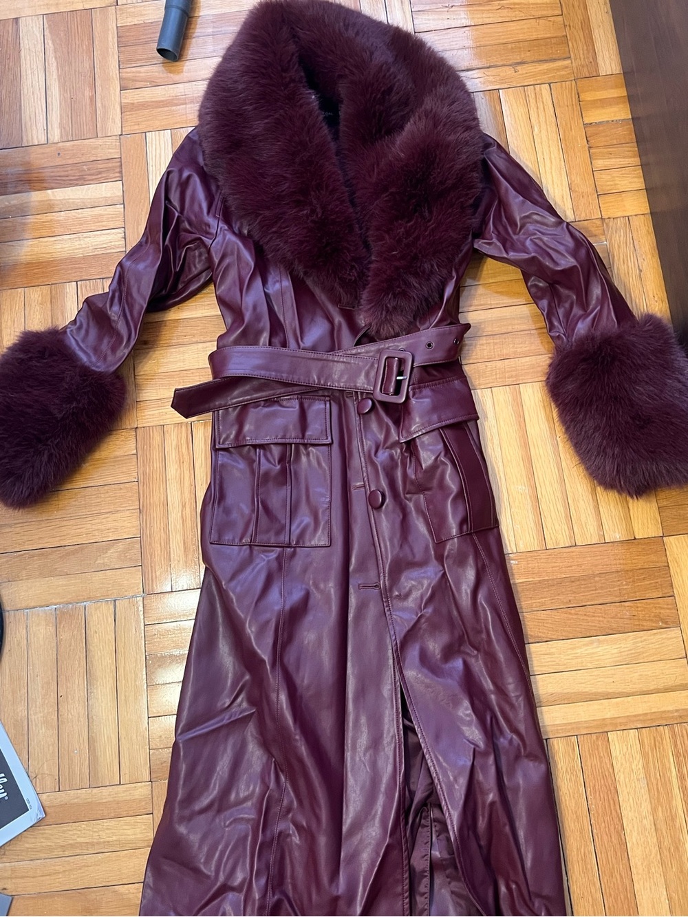 Nasty Gal Burgundy Faux-Fur Trim Leather Trench Coat